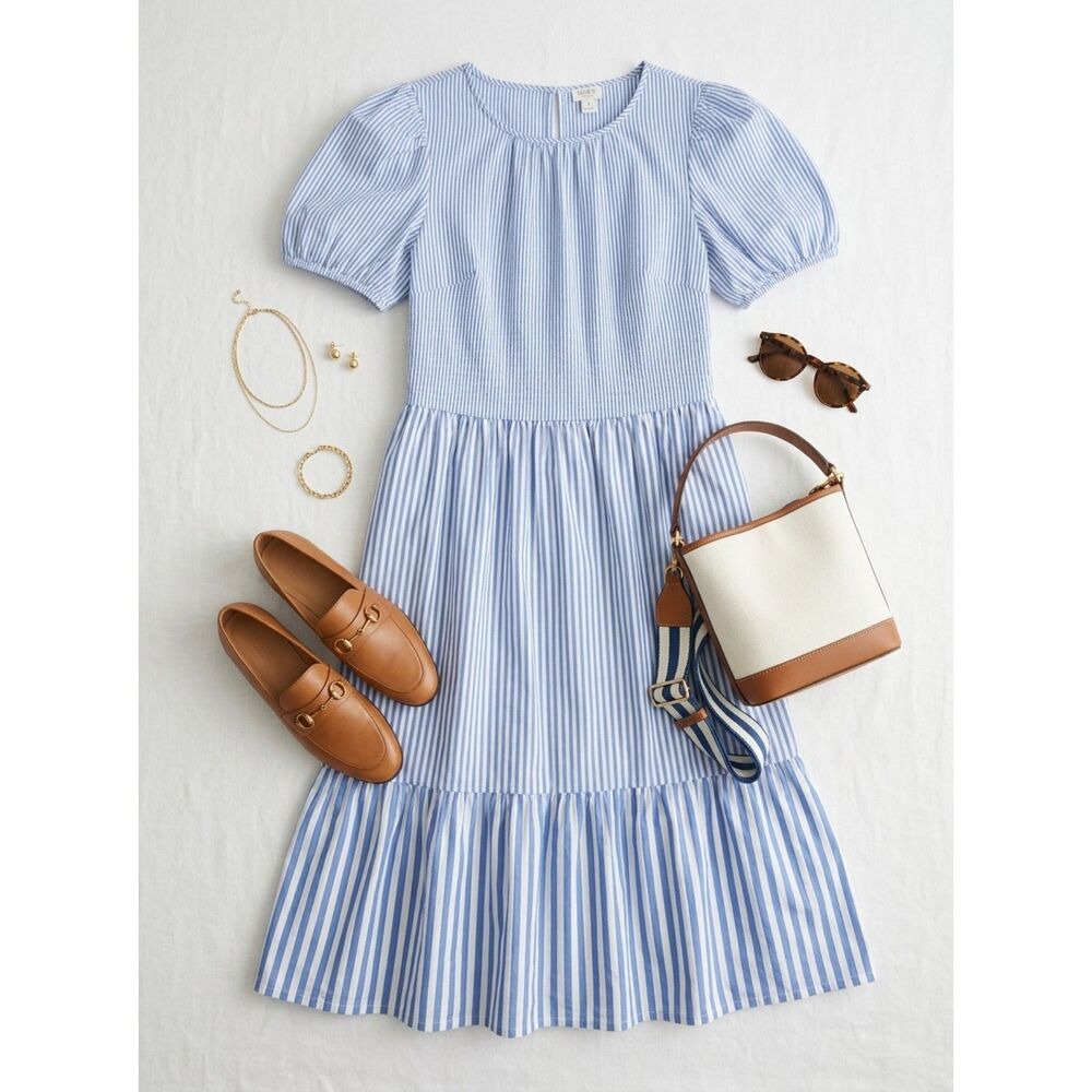 J.Crew Blue Stripe Tiered Poplin Midi Dress Size 4 Preppy Classic Cottagecore